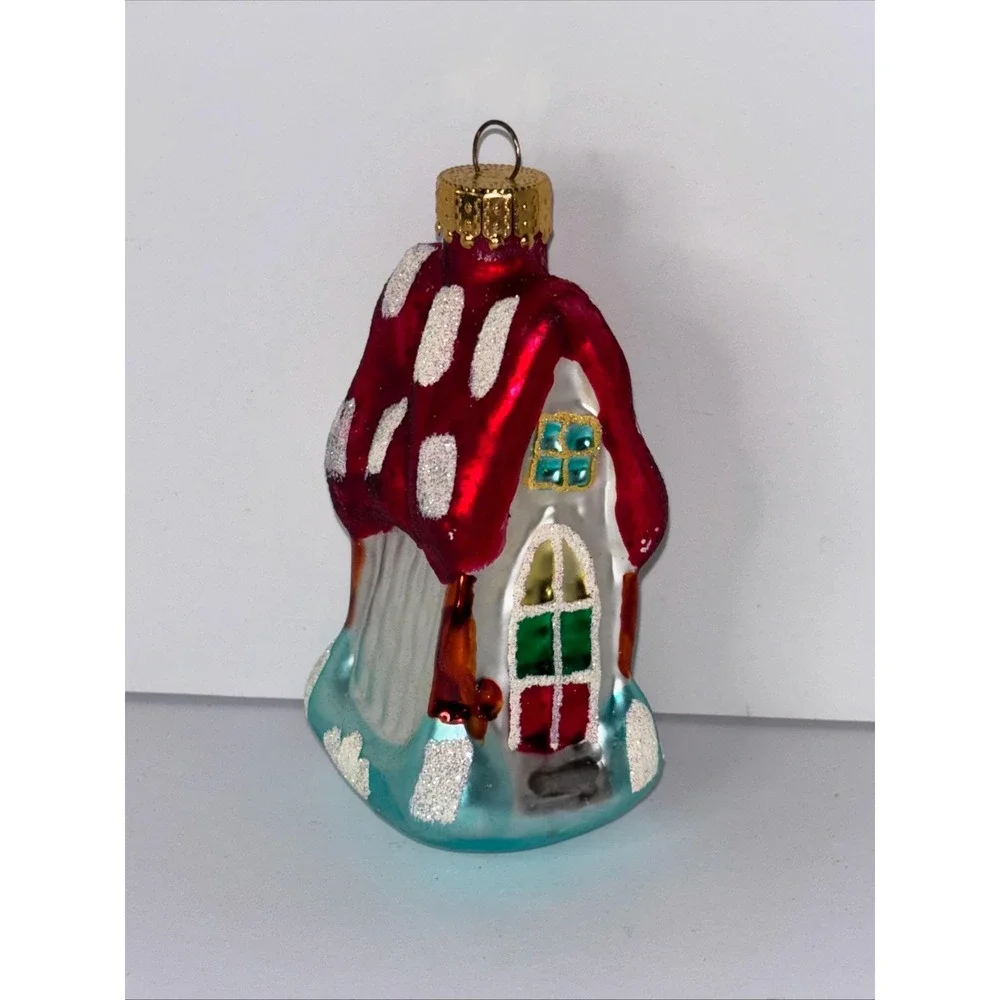 Vintage Blown Glass Christmas Cottage House Red Snowy Glitter Roof Ornament 4